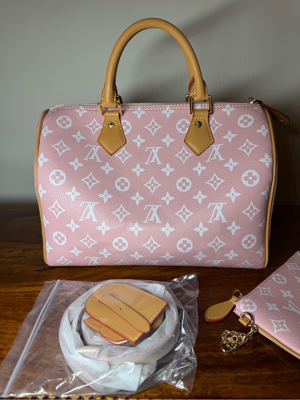 Pink Satchel with Tan Trims. No Brand.